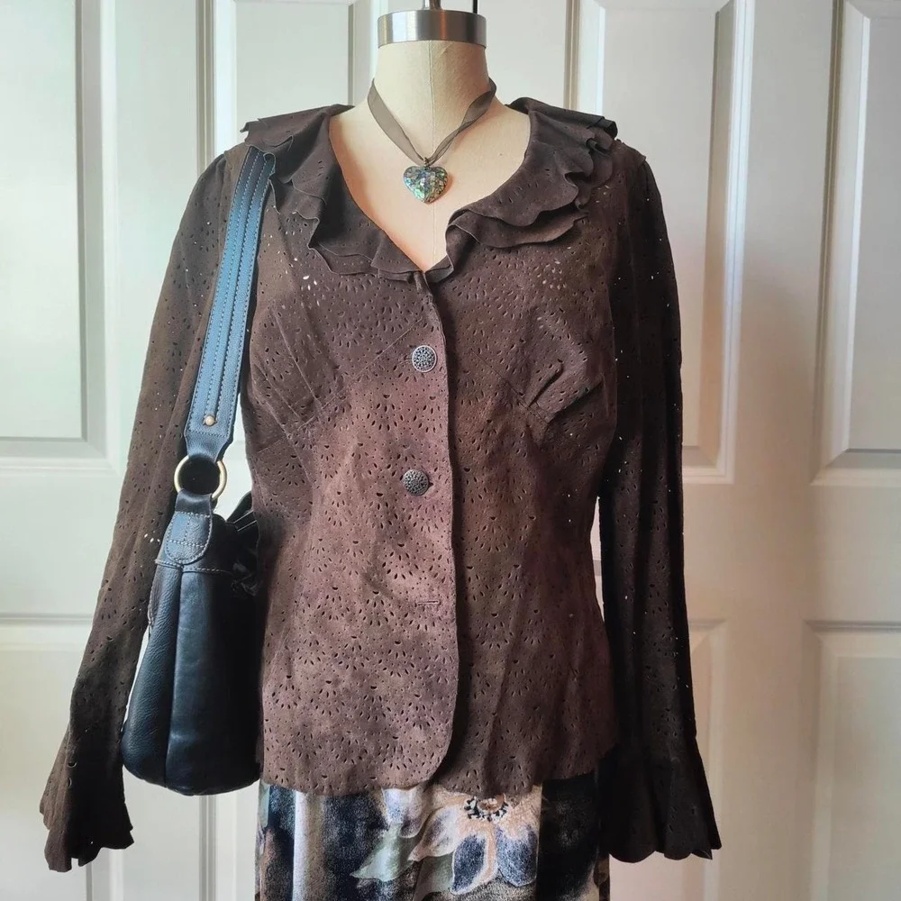 Vintage 90s Brown Suede Jacket Laser‎ Cut Bell Coldwater Creek Boho Western Sz M